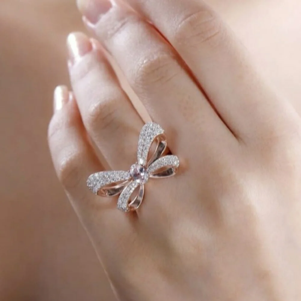 AAA Natural Pink Morganite & Pave Set Moissanite Bow Ring in 18k Rose Gold over - Picture 9 of 10